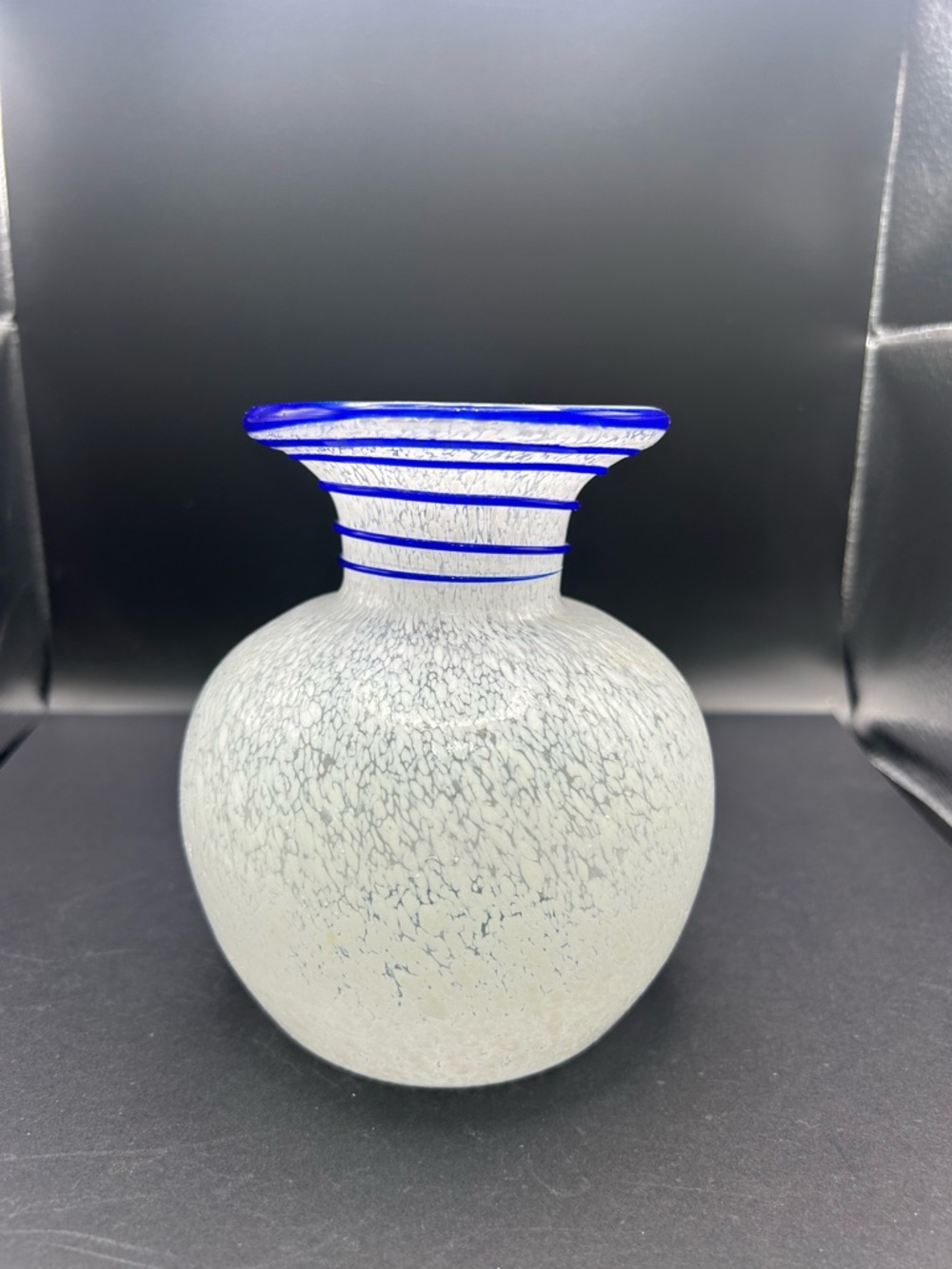 Art Glass Vase White Mottled Splatter with Cobalt Blue Striped Flared Rim 5in